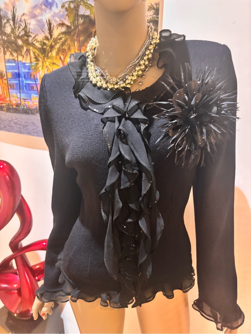 St. John Black Ruffle  Blazer Jacket elegant 8 frills embellished - Picture 2 of 5